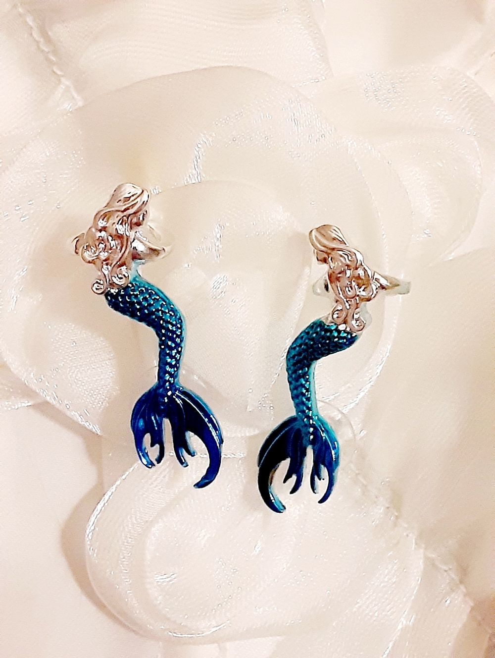 Blue Mermaid Tail Drop Earrings Ear Cuffs